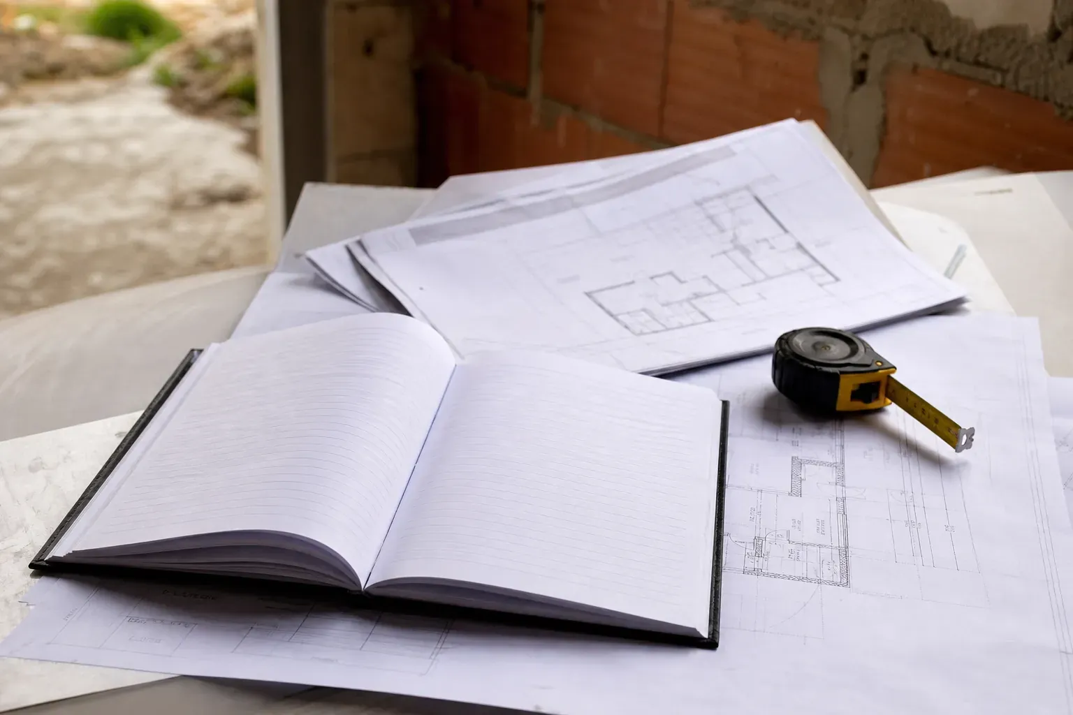 Cahier de suivi de chantier ouvert sur une table, plans et mètre ruban