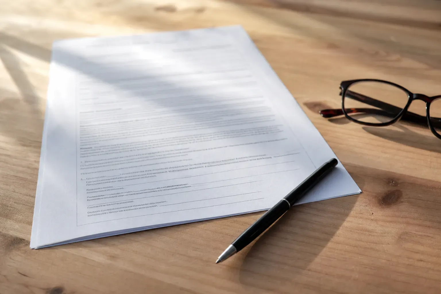 Contrat de construction posé à plat sur une table de bois clair, stylo et lunettes à côté