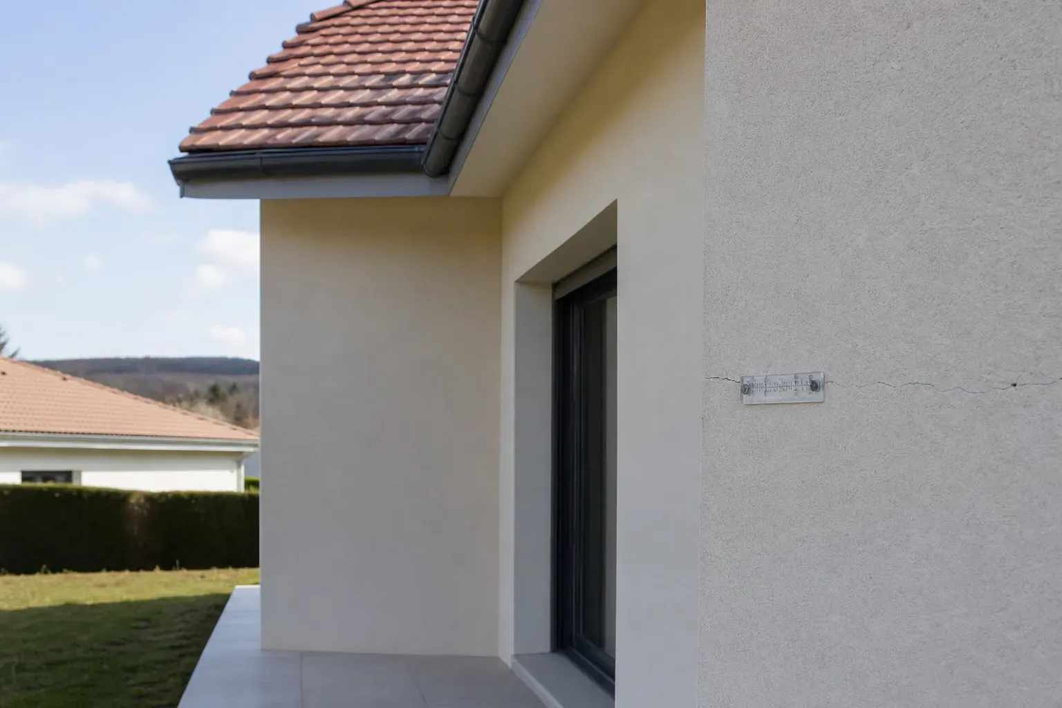Façade de maison individuelle récente vue de trois quarts avec un fissuromètre posé sur un mur