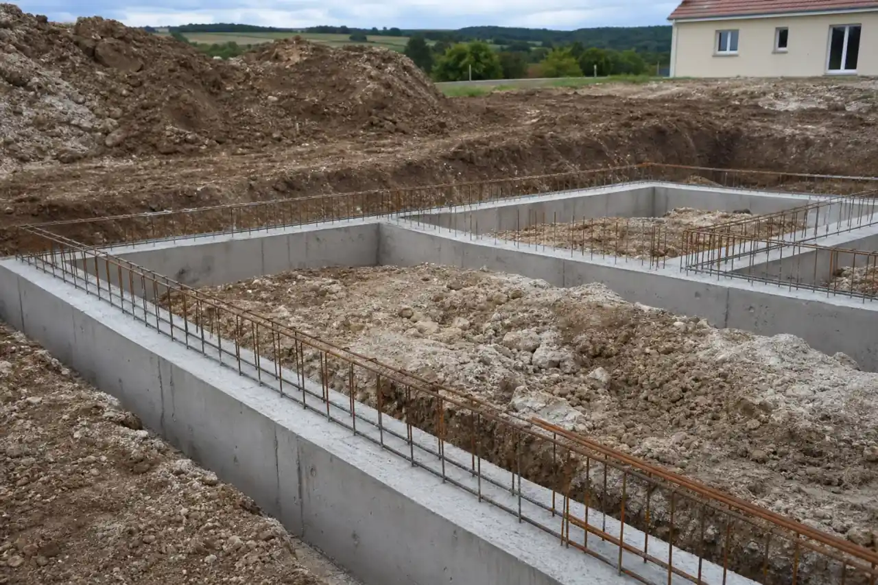 Fondations et semelles filantes coulées sur un terrain en cours de terrassement, ferraillage visible