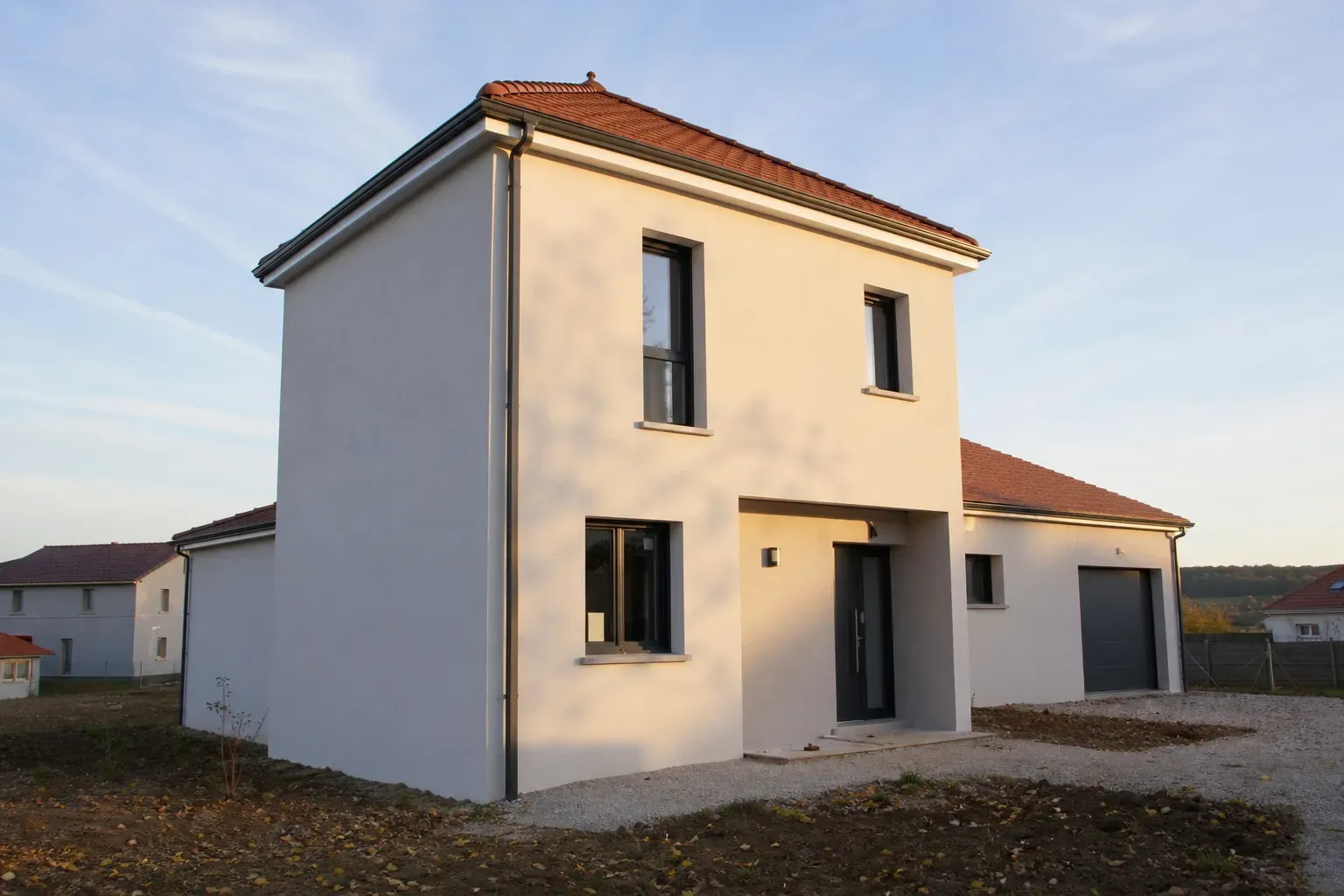 Maison à étage aux lignes simples, façade enduite et menuiseries sombres