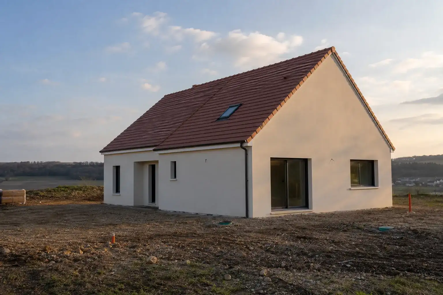 Maison individuelle neuve en fin de chantier, façade enduite claire et tuiles terre cuite