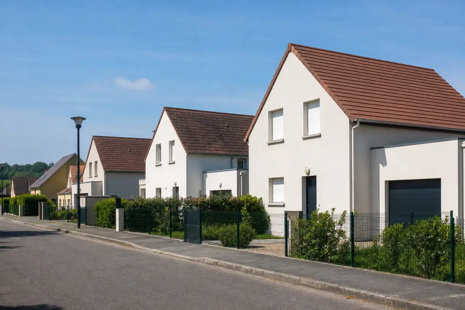 Rue résidentielle bordée de maisons individuelles récentes aux façades enduites claires, garages accolés et bordures neuves
