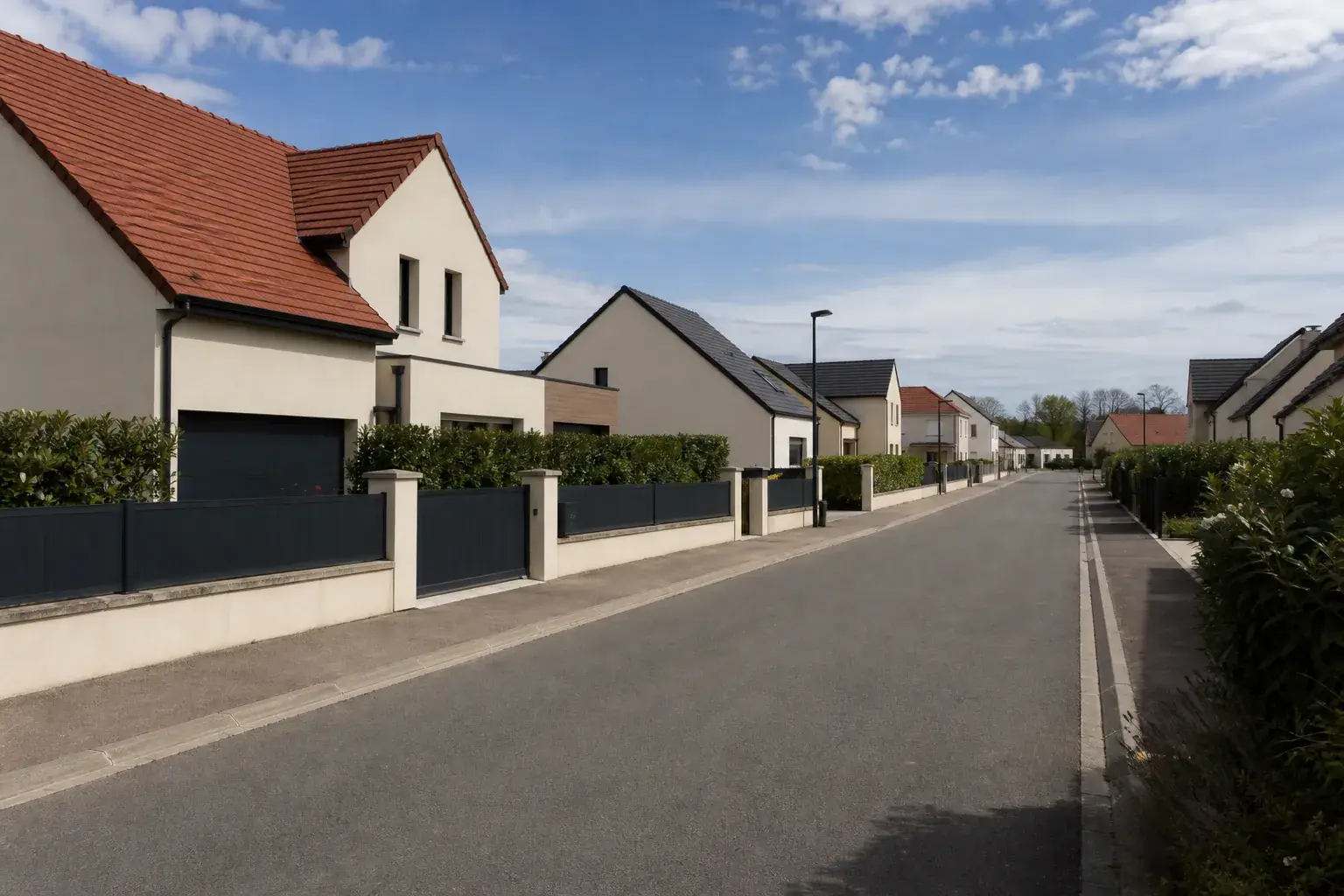 Rue résidentielle bordée de maisons individuelles récentes aux façades enduites claires, jardins clos et allées pavées