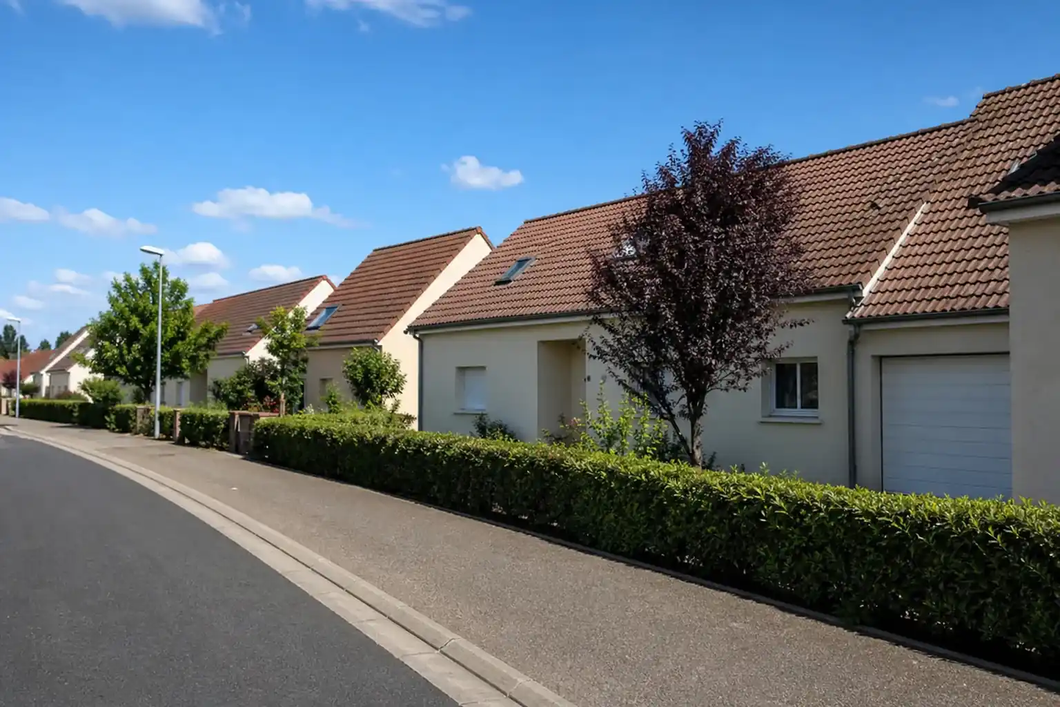 Rue résidentielle bordée de maisons individuelles récentes aux façades enduites claires, chaussée sans marquage et talus engazonnés