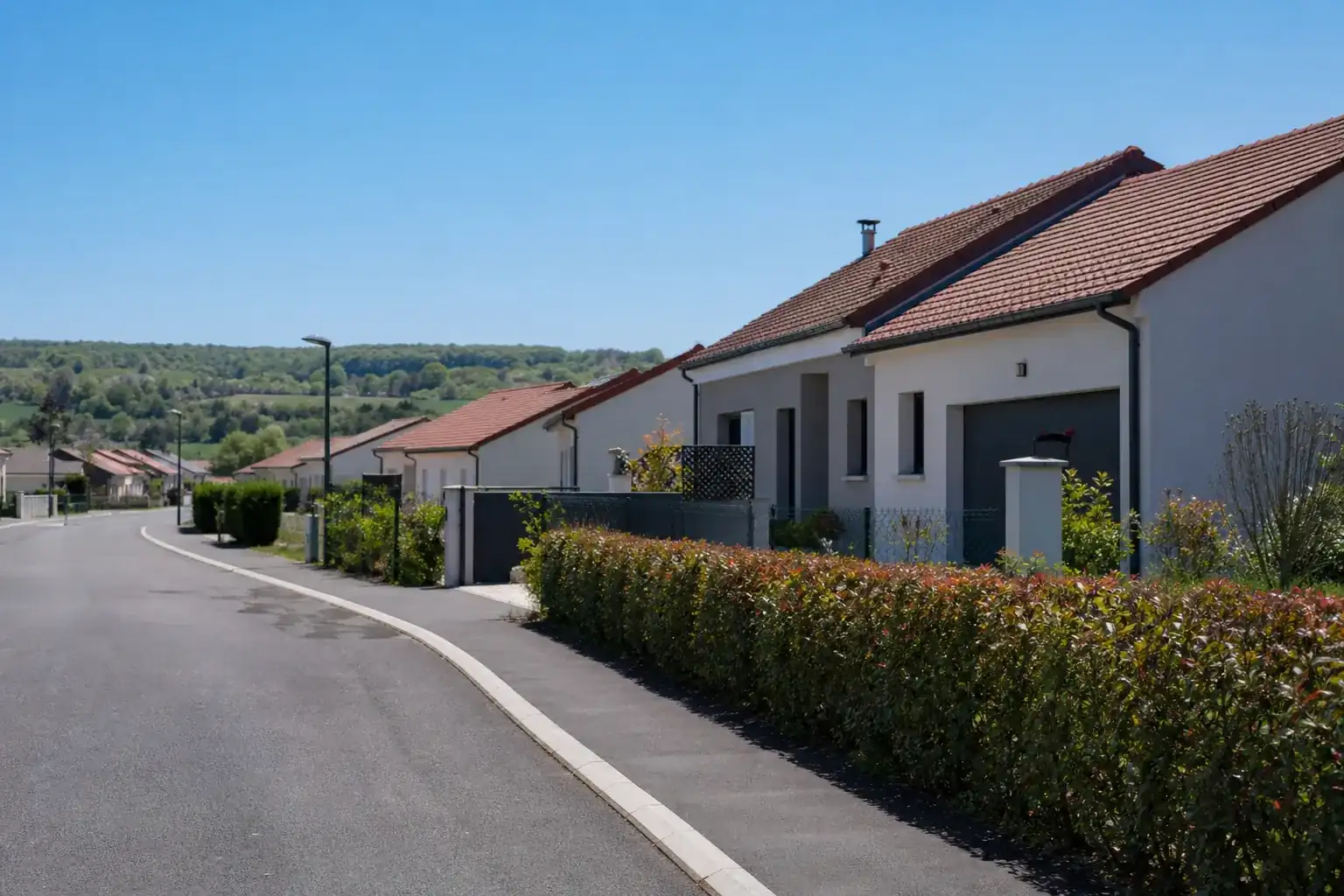 Rue résidentielle bordée de maisons individuelles récentes aux façades enduites claires, lampadaires récents et arbustes taillés