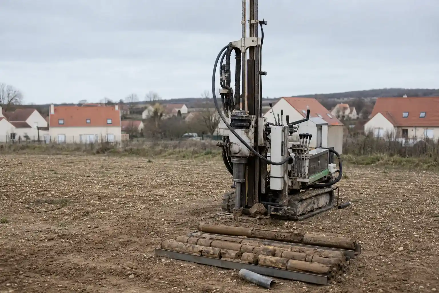 Sondage géotechnique en cours, foreuse compacte et tiges de forage alignées au sol