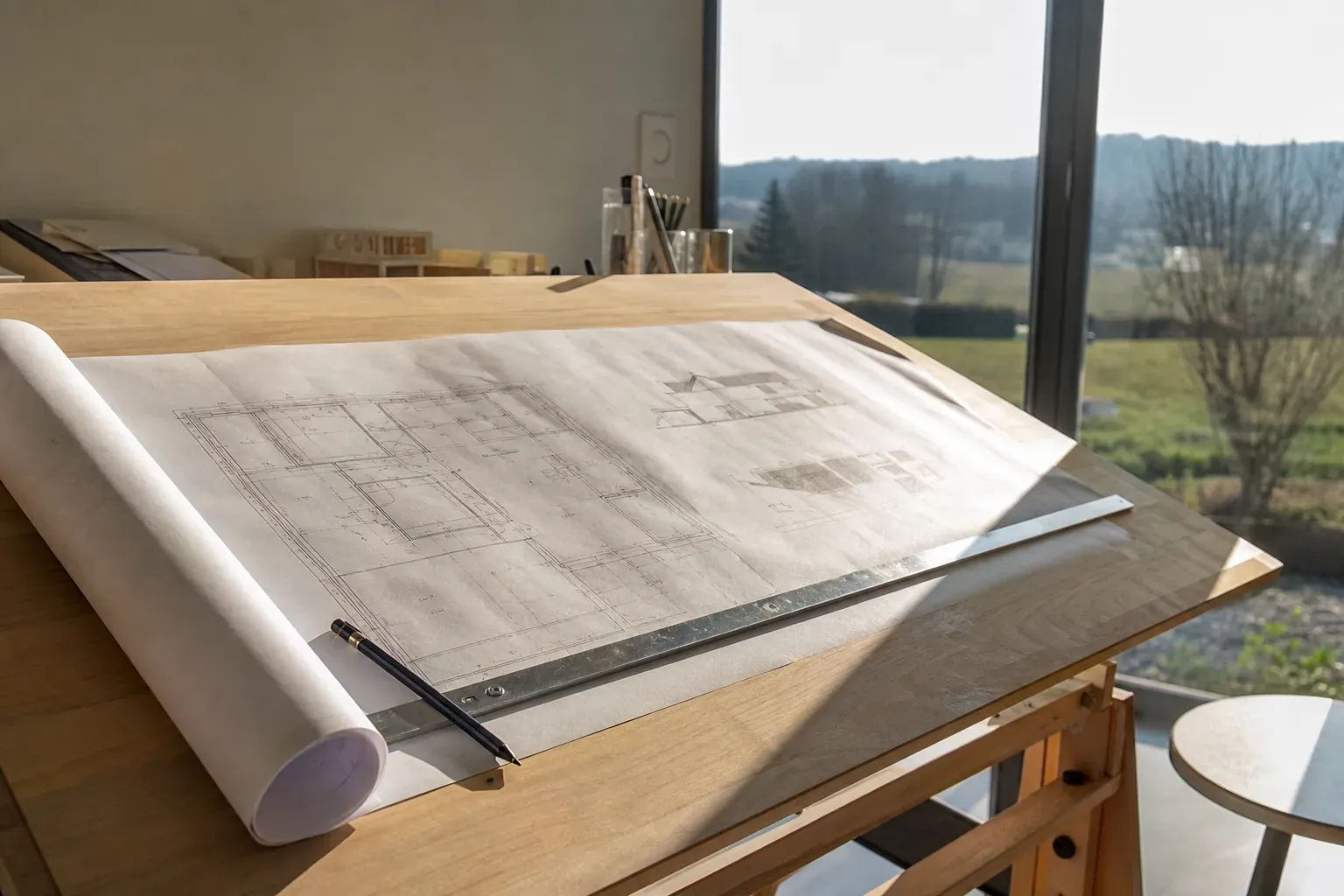 Table de dessin en bois clair vue de trois quarts, un plan de maison individuelle déroulé et maintenu par une règle métallique