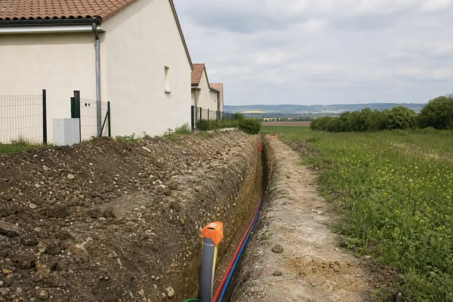 Tranchée de viabilisation ouverte le long d’une parcelle, gaines colorées en attente